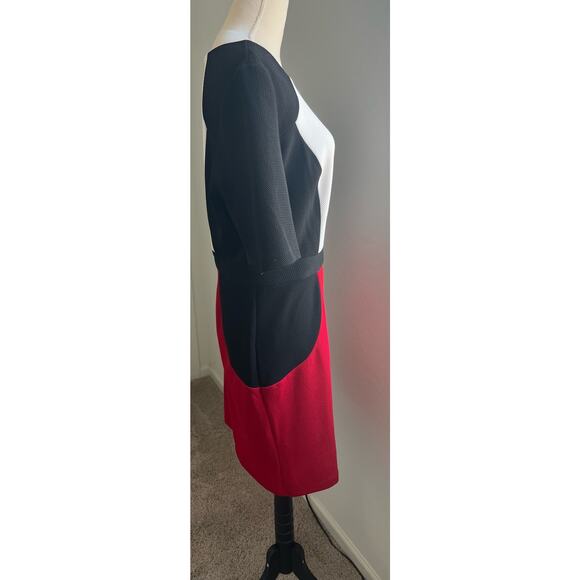 R&K Red Black and White Stretch Midi Sleeve Sheath Career Formal Dress Size 18 - Picture 4 of 11